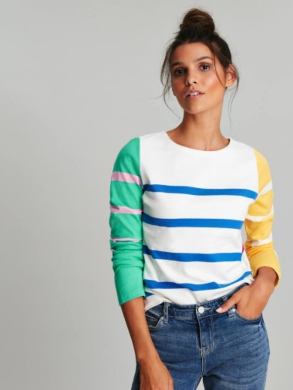 Joules women's 'Harbour' Long Sleeve Jersey Top Cream Hotch Potch Stripe sz 14